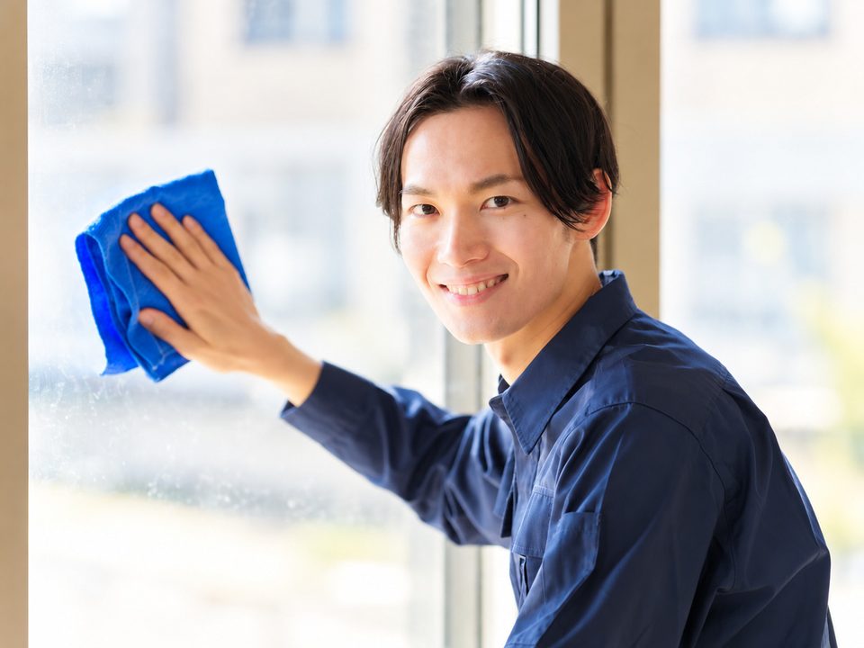 窓を拭くスタッフ