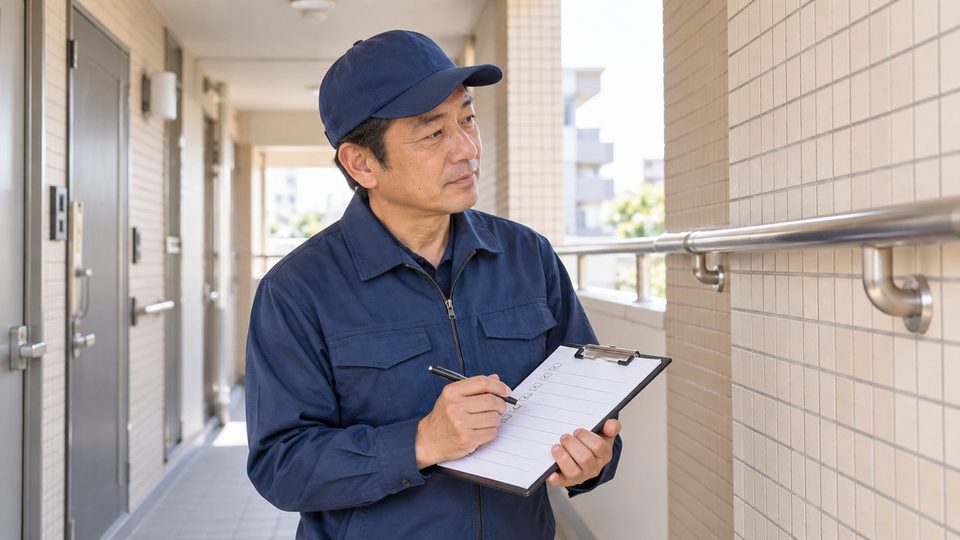 チェックシートを持って共用部を点検するスタッフ