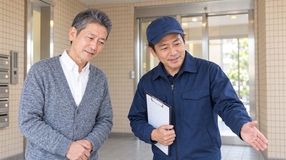オーナーに現地で説明するスタッフ